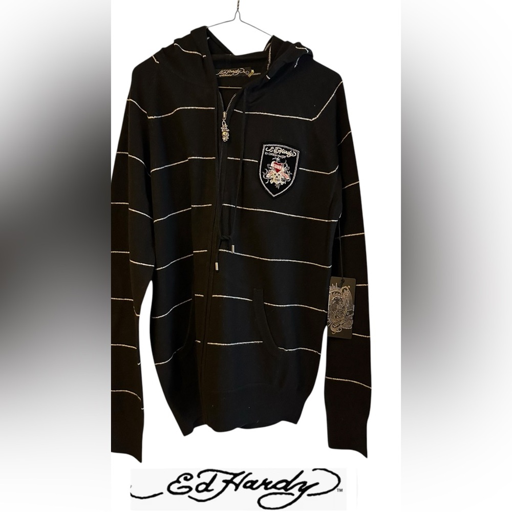 Ed Hardy by Christian Audigier Nylon & Wool Fill zip Hoodie Sweater, SZ L NWT